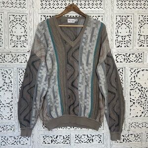 Vintage La Croix Knits‎ Neutral Earthy Boho Textured V Neck Sweater Sz Large